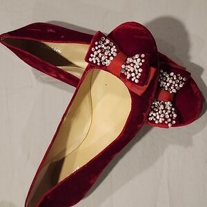 Lands End Womens elegant Red Velvet Women's Flats with Bow
